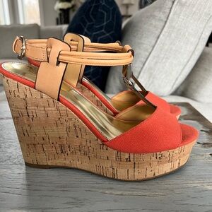 Coach Orange and Tan Wedge Sandals
